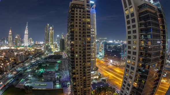 Beautiful Skyline of Dubai Downtown and Business Bay with Modern Architecture Night Timelapse