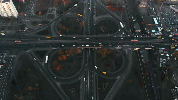 4k Aerial view of road junction, large car interchange. Aerial highway junction