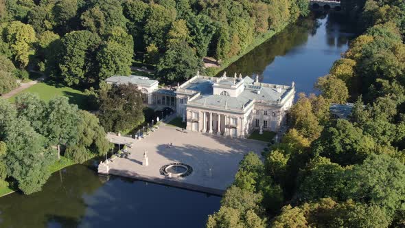 Aerial view of Palace on the Water in Warsaw Royal Baths (Lazienki Park), Poland