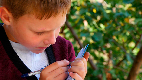 Boy Sitting On Bench Near Trees And Writing 2