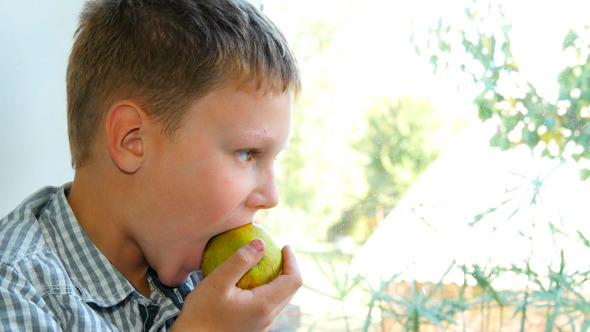 Boy Eating Apple And Looking At The Window