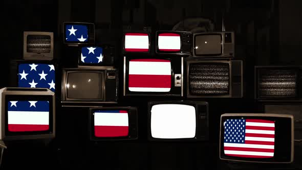 Flag of the United States and Retro TVs. Sepia Tone.