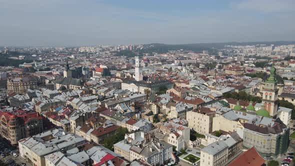 Aerial Shot The City Of Lviv. City Hall, Market Square. Ukraine