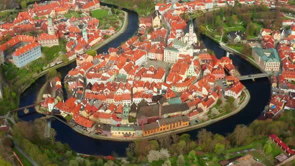 Fly Over Old Town of Cesky Krumlov and River Vltava in the South Bohemian Region Czech Republic