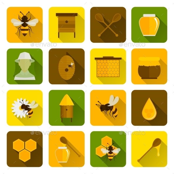 Bee Honey Icons Flat