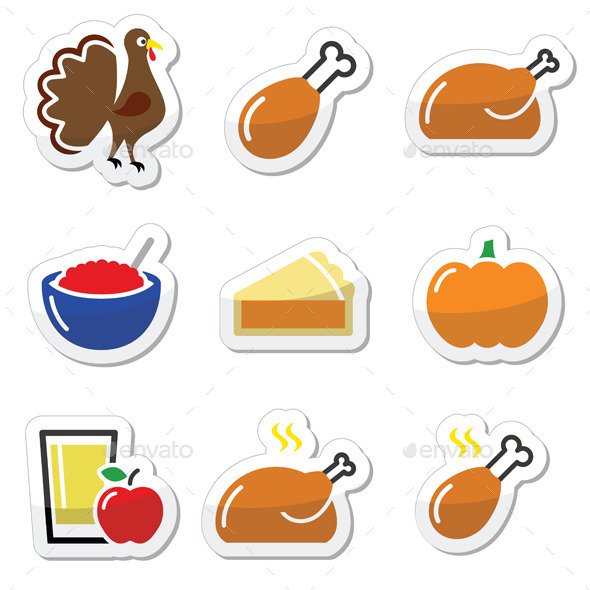 Thanksgiving Day Food Icons Set - Turkey, Pumpkin