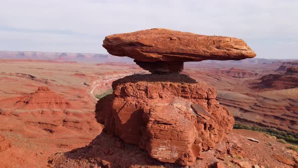 Aerial of Mexican Hat Rock Formation In Utah