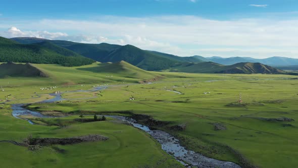Aerial View of Steppe and Mountains in Mongolia