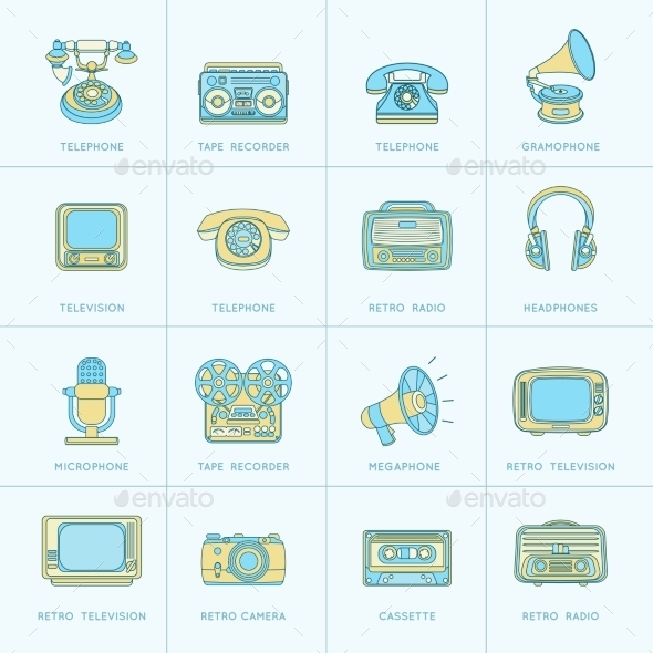 Retro Media Flat Line Icons