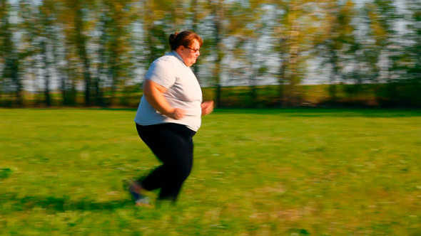 Overweight Woman Exercising On Meadow