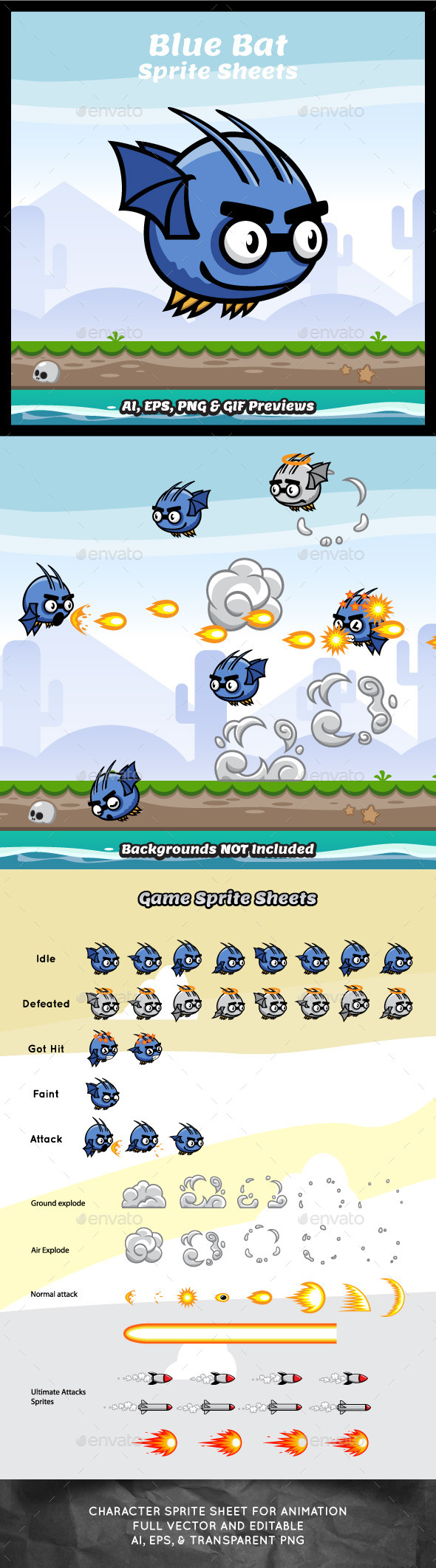 Blue Bat Game Character Sprite Sheets