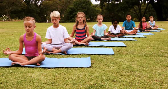 Group of kids performing yoga in park