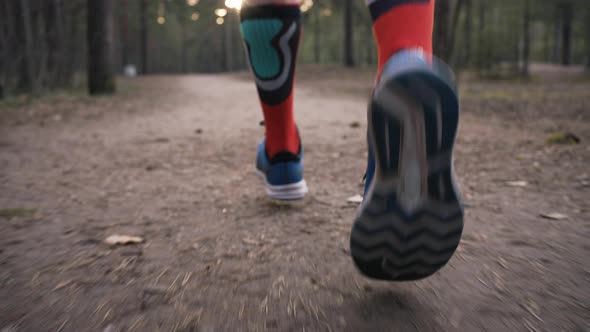 Male Feet in Long Socks and Sneakers Run Along Forest Path