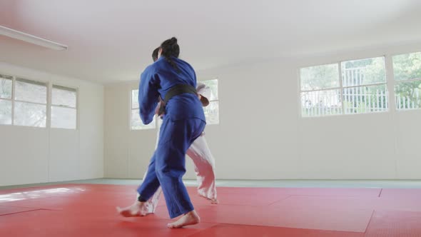 Judokas training by doing a randori on the judo mat