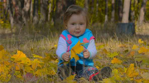 Happy Child Plays With Fall Leaves alt