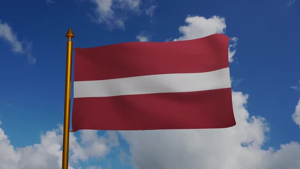 National flag of Latvia waving with flagpole and blue sky timelapse, Latvijas