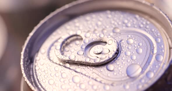 Water droplets on can of soda or beer