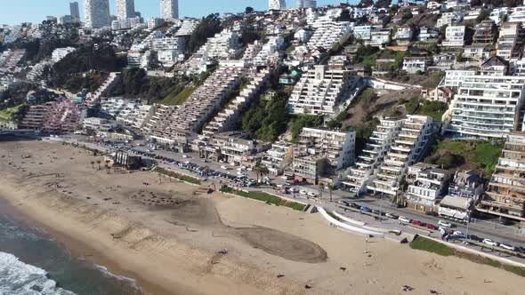 View Cityscape of Viña del Mar, coast Chile. Aerial view of Renaca Beach.