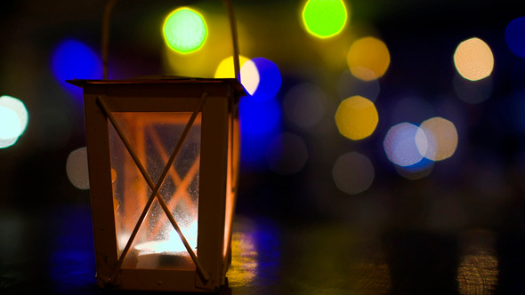 Outdoor Lantern With Lit Candle