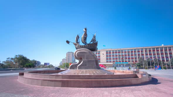 Sculpture Sailing Ship on Astana Square Timelapse Hyperlapse.