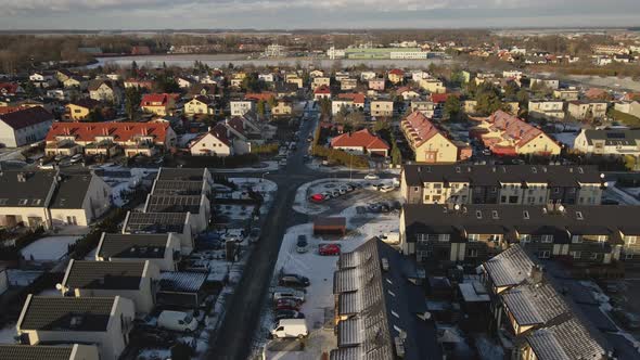 Aerial View of Small European City with Modern Residential Suburb Neighborhood