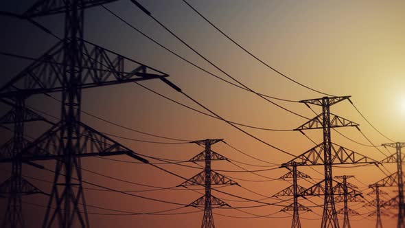 Eelectric powerlines and pylons animation with the setting sun. Loopable. HD