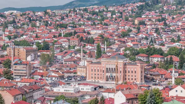 View at city hall in old town center of Sarajevo timelapse, landmark in capital of Bosnia