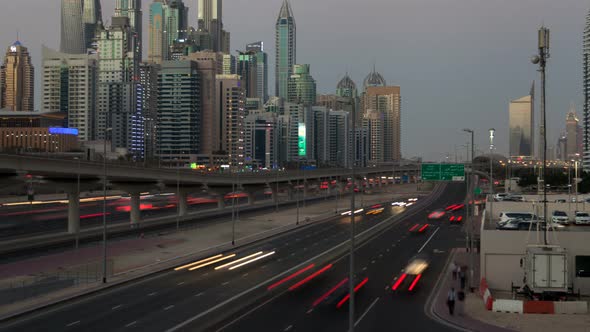 Dubai City Traffic Sunset Time Lapse. Pan Up