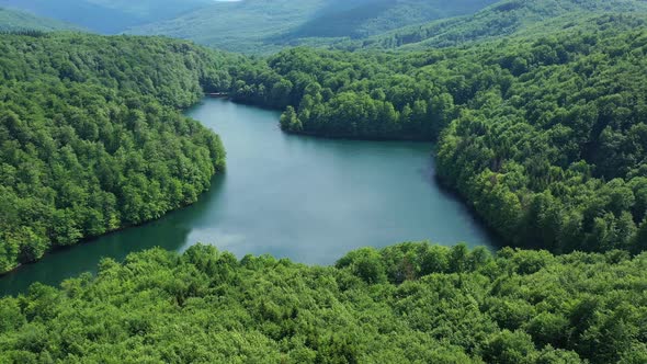 Aerial view of Morske oko lake in Remetske Hamre village in Slovakia