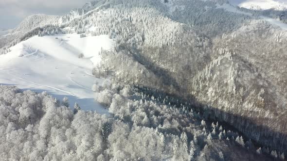 Aerial Images Over A Snowy Mountain Forest