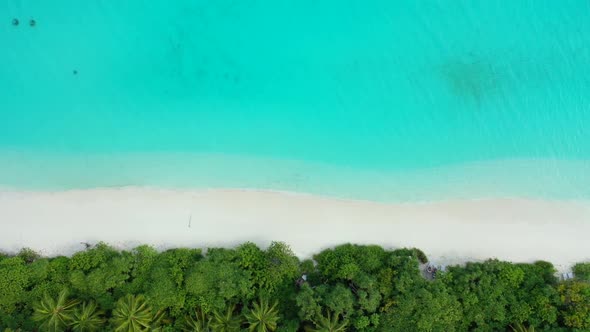 Aerial drone panorama of perfect shore beach journey by blue sea and white sandy background of a day