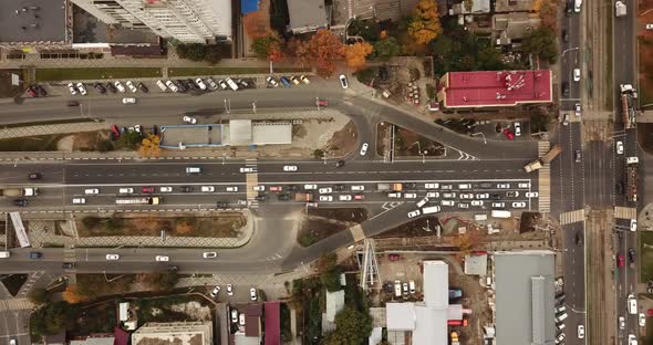 Top Down Drone Point of View - Steet City Road Intersection in Autumn Time