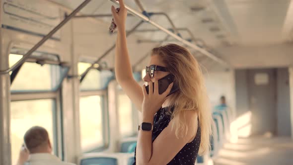Female Hand With Watch Taken Handrail In Public Transport. Girl Tourist City Travel. Woman Passenger