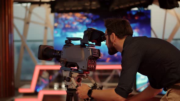 Making TV Show Or Film. Television Operator On TV Broadcasting Production Channel. TV Studio Video.