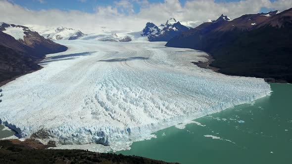 Aerial view of Perito Moreno glacier in Lago Argentino, Argentina.