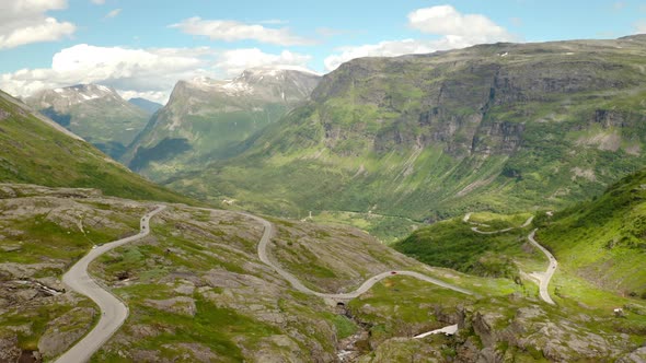 Bird's Eye View Of Winding Road From Eidsdal To Geiranger With Scenic View Of Mountains In Norway. -