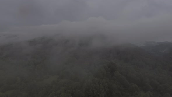Aerial drone view of foggy mountains, forest and clouds.
