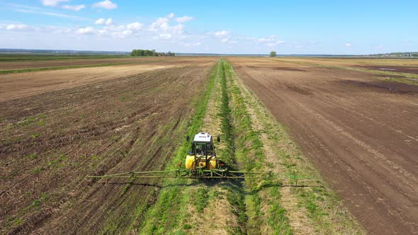 Tractor Spraying Pesticides on Vegetable Field with Sprayer