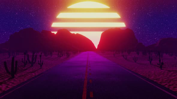 Seamless Endless Road Through the Desert with Retro Futuristic Sky and Sun