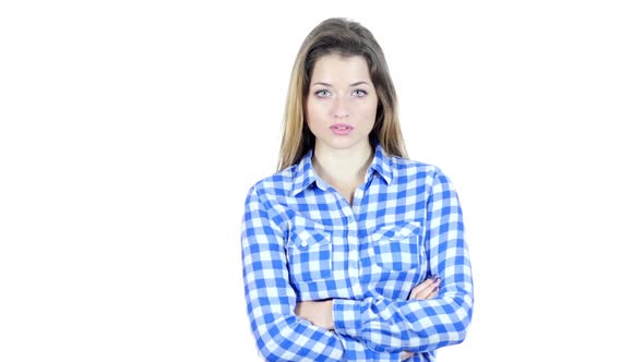 Portrait Of  Serious standing Woman, White Background