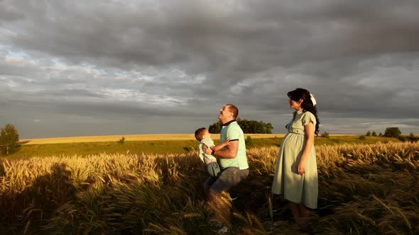 Father Is Throwing His Son in the Air Standing with His Pregnant Wife in Summer Wheat Field