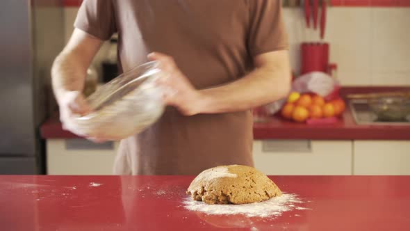 Man making vegan meat. Process, how to cook seitan