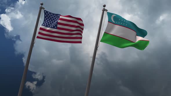 Waving Flags Of The United States And The Uzbekistan 2K