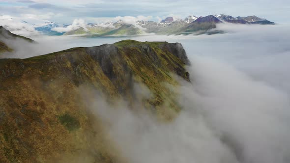 Aerial view of Unalaska Bay with fog, Alaska, United States.