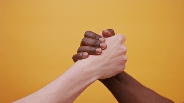 Black and White Hands Holding Together Isolated on the Orange Background, Close Up