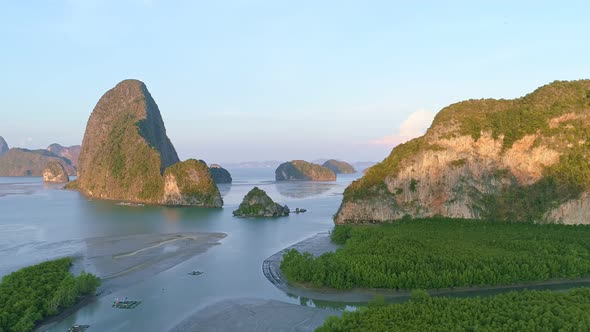 Aerial view Drone flying shot over sea. Beautiful small island in Phang Nga bay Thailand