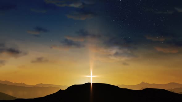 Bright Cross with Clouds Moving on the Starry Sky