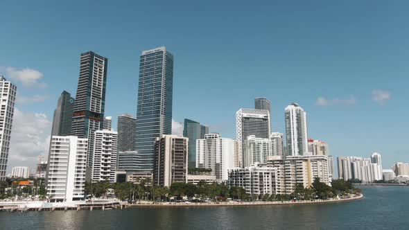 Beautiful aerial shot of Brickell buildings downtown Miami waterfront 4K