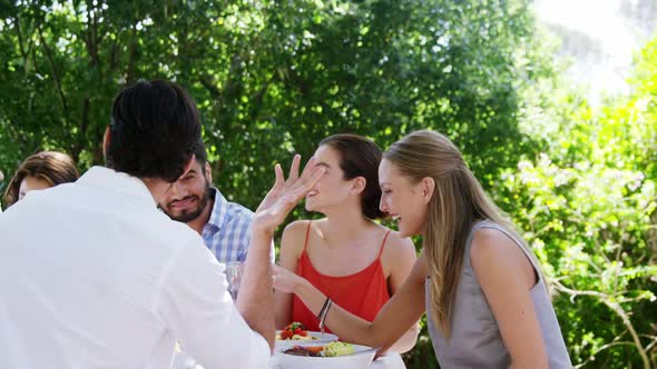 Group of friends interacting with each other while having lunch