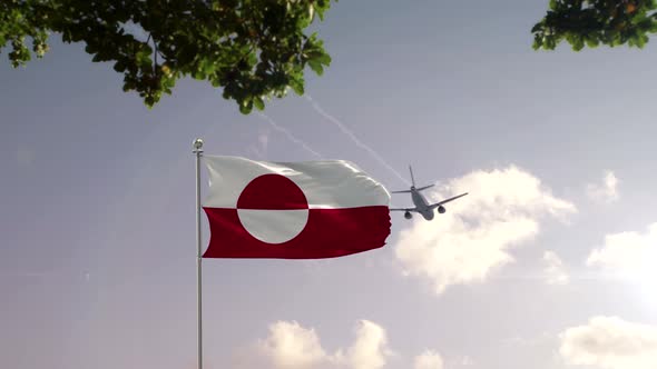 Greenland Flag With Airplane And City -3D rendering